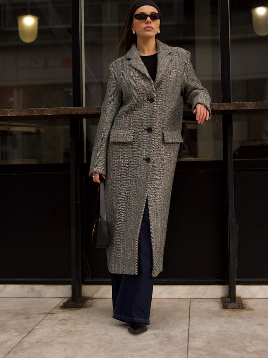 Wool Coat with Masculine Shoulders, Grey Herringbone