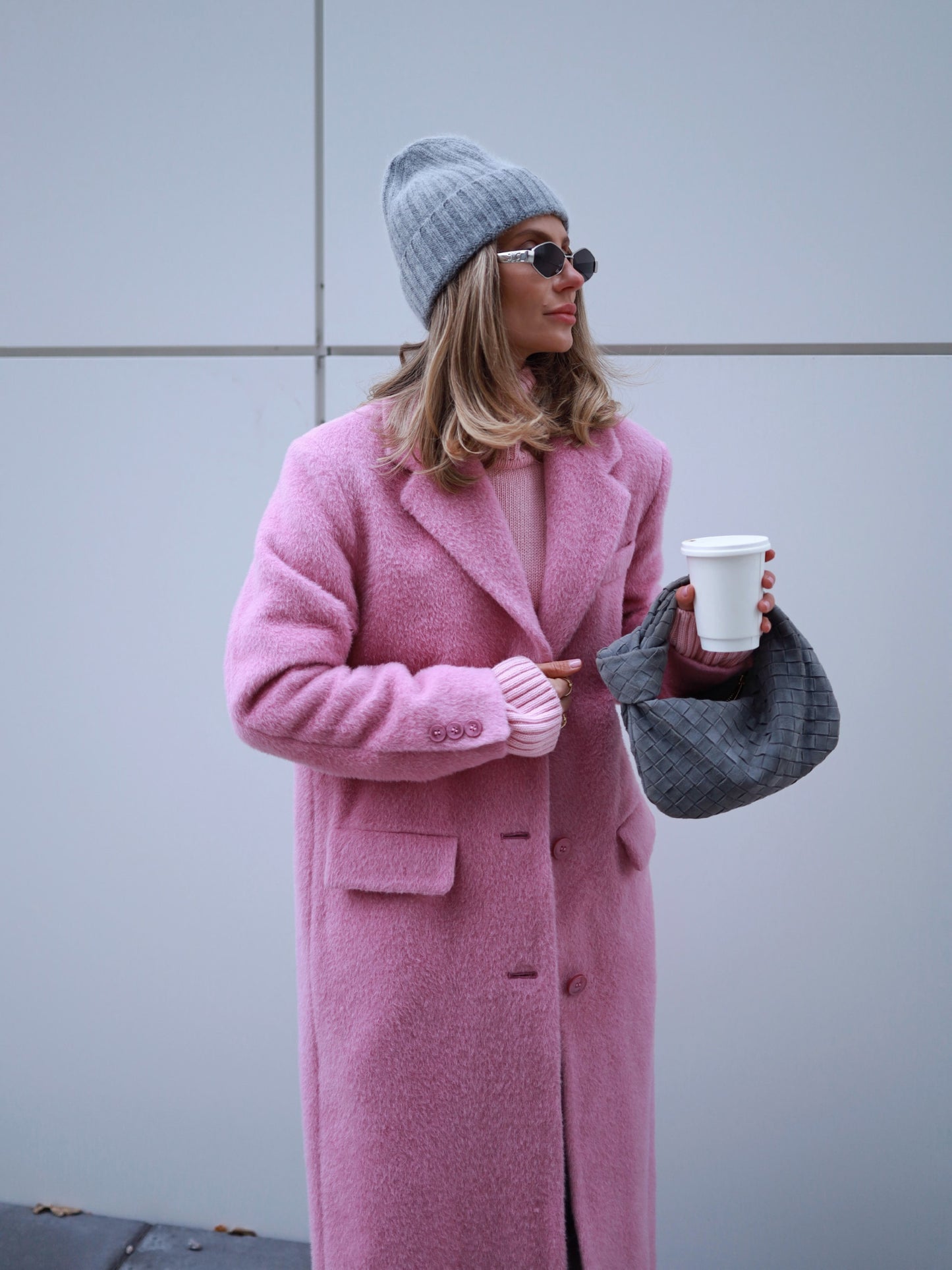 Wool Coat with Masculine Shoulders, Pink