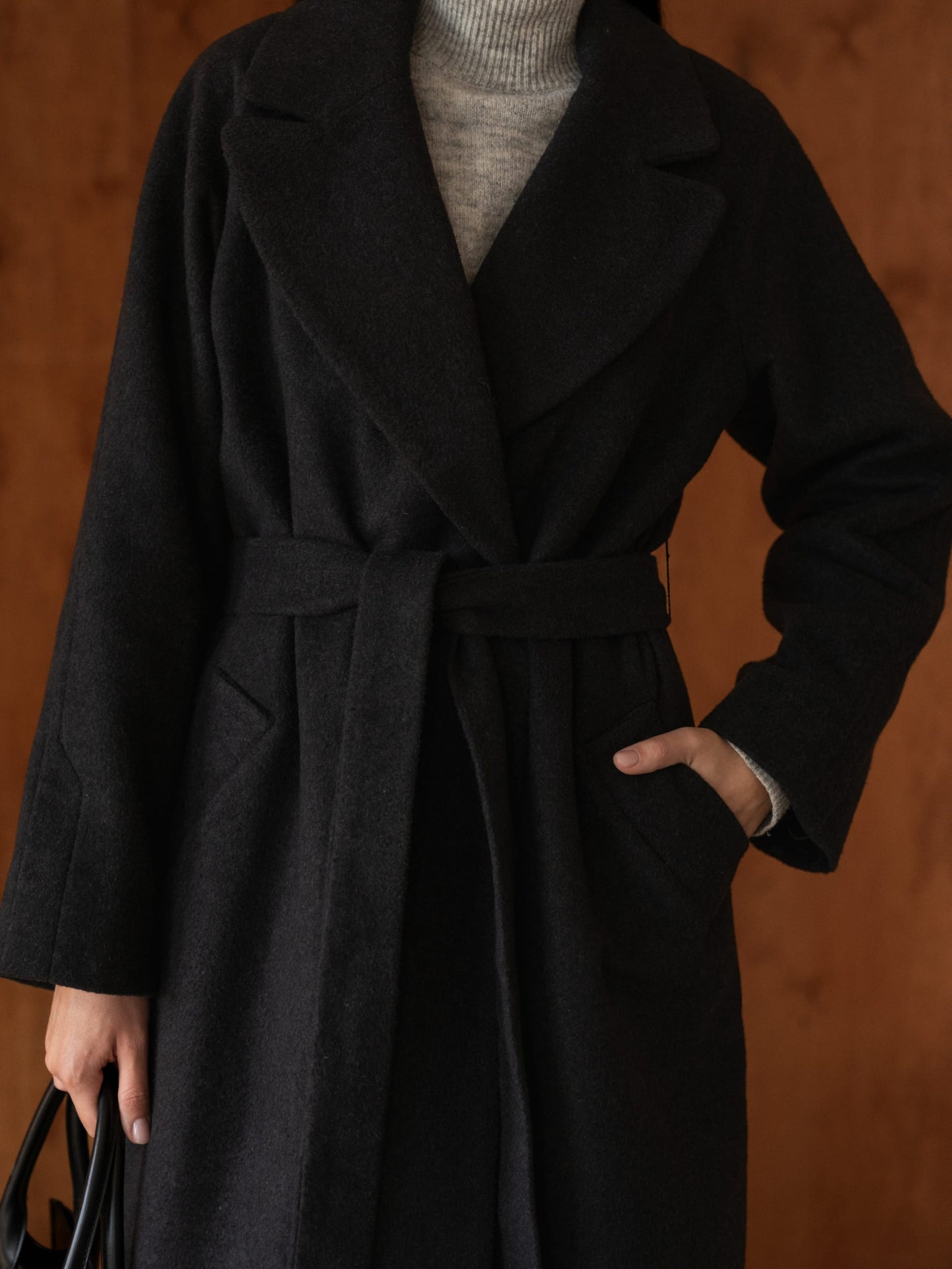 Double-breasted long coat with trim ribbon, Black Graphite