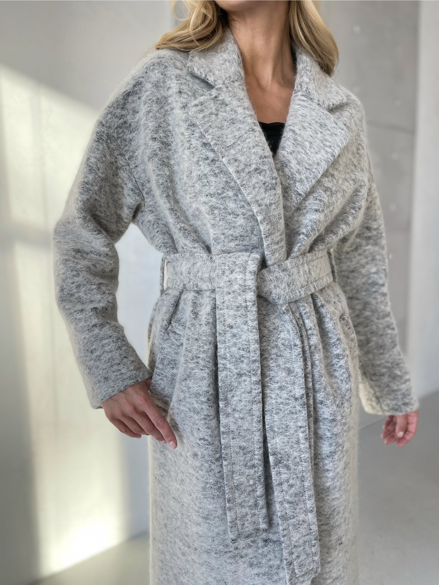 Wool Pile Long coat with belt, Grey