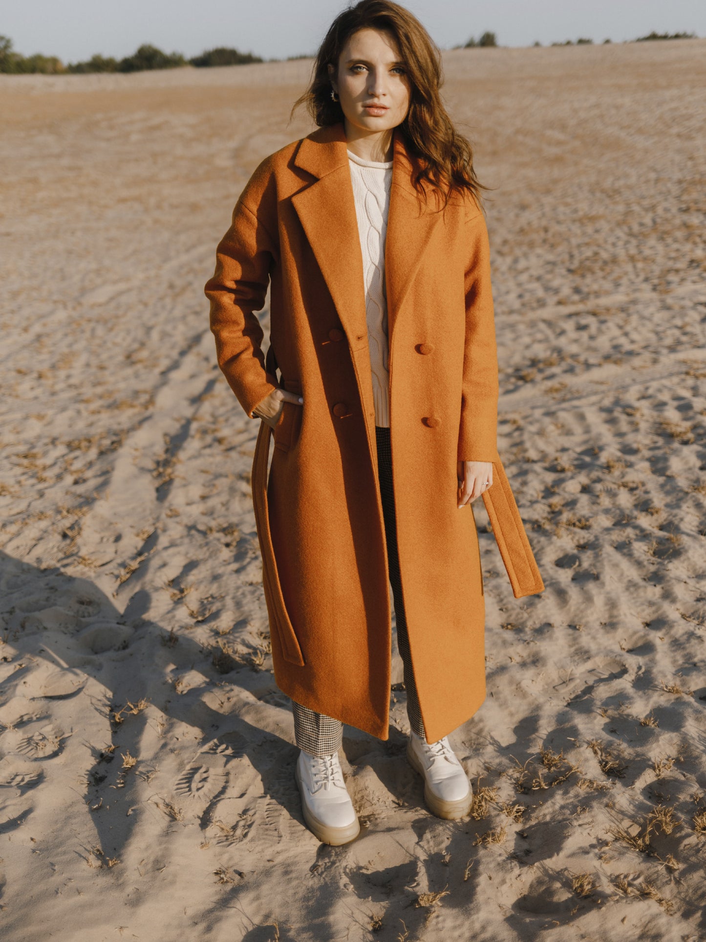 Wool Long coat with belt, Rusty Red