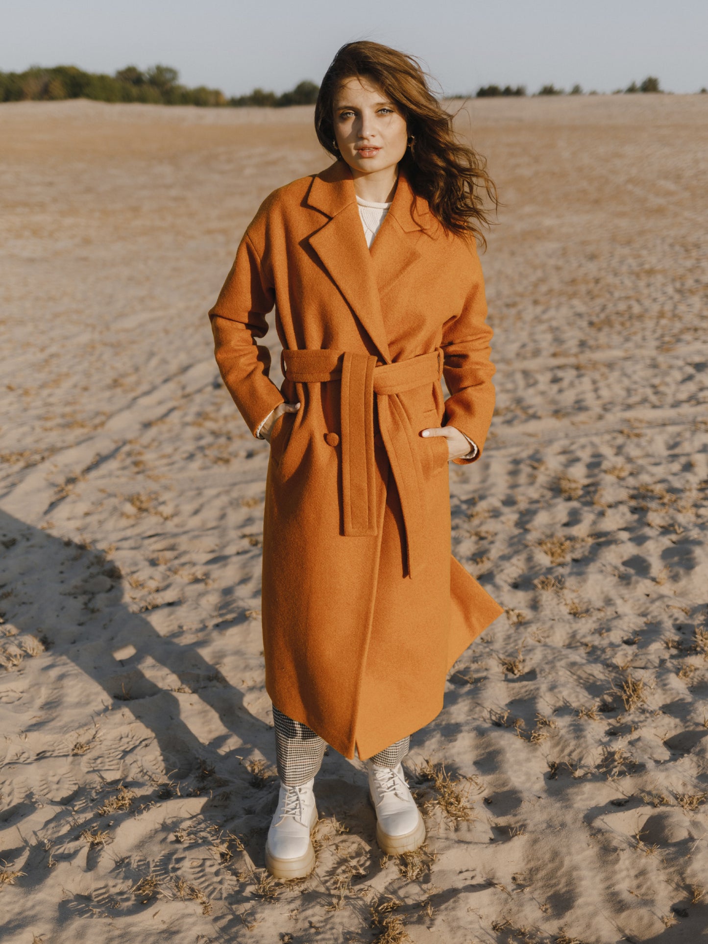 Wool Long coat with belt, Rusty Red