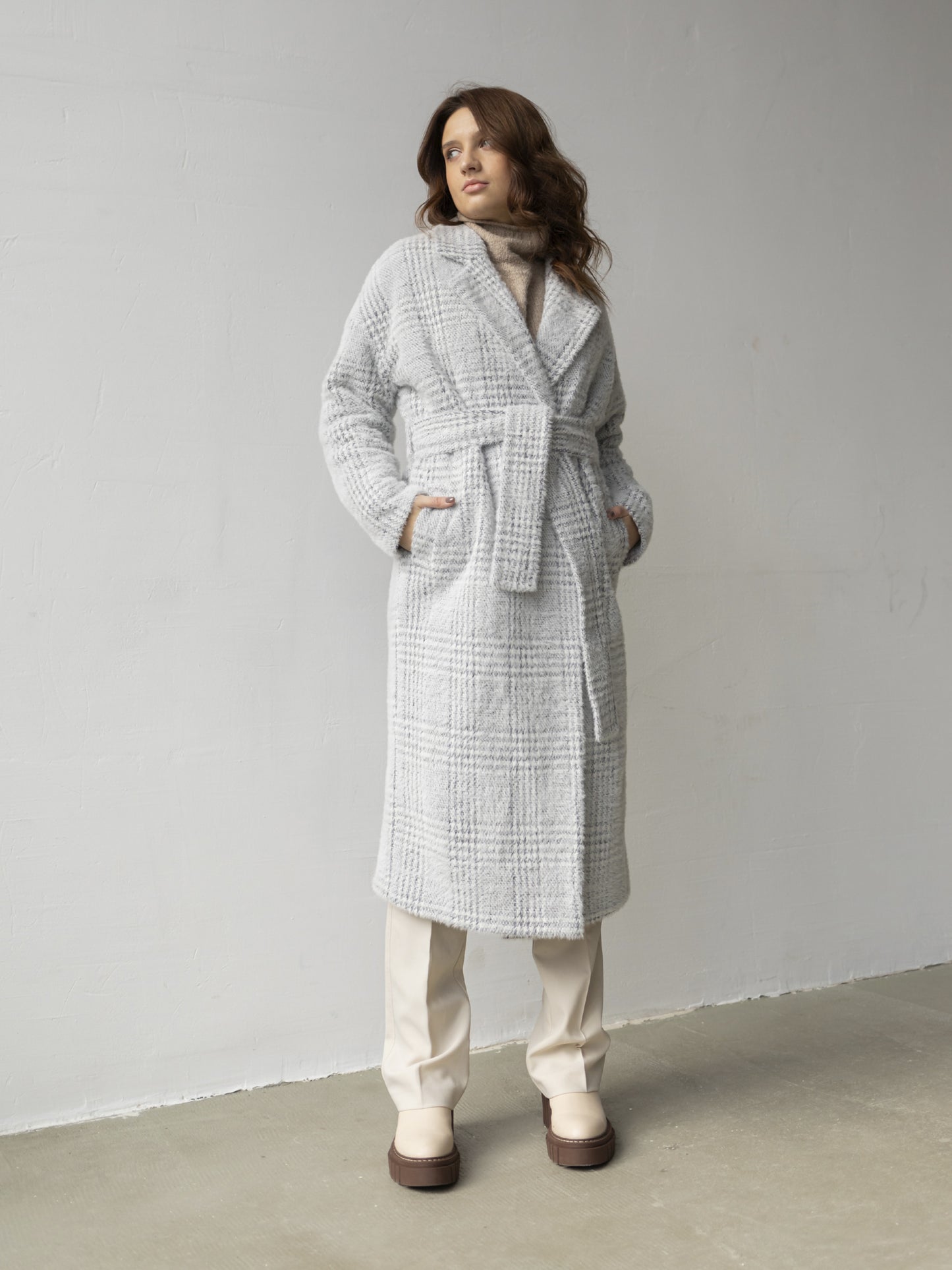 Wool Pile Long coat with belt, Grey Check