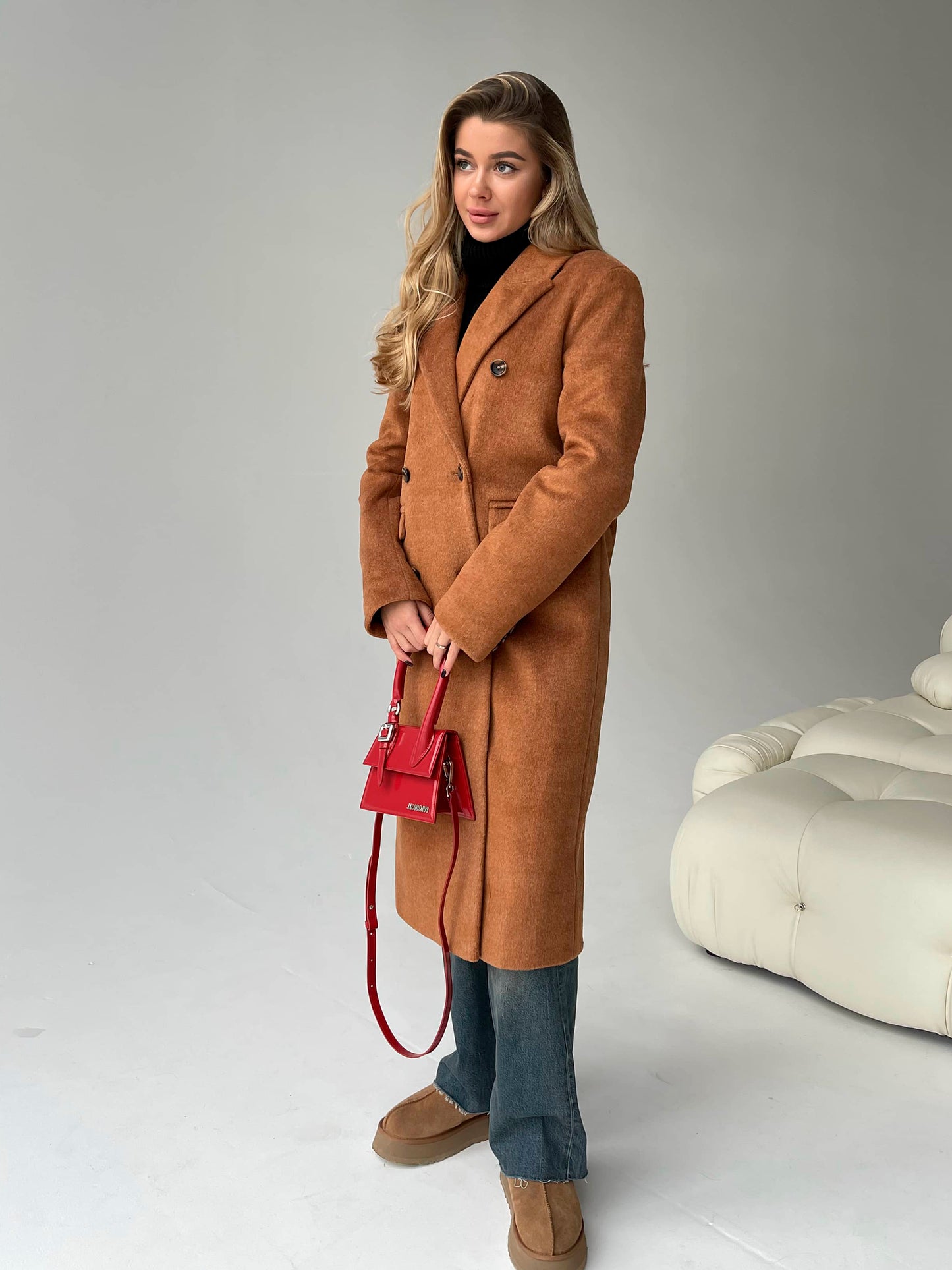 Wool Pile Coat with Masculine Shoulders, Brown