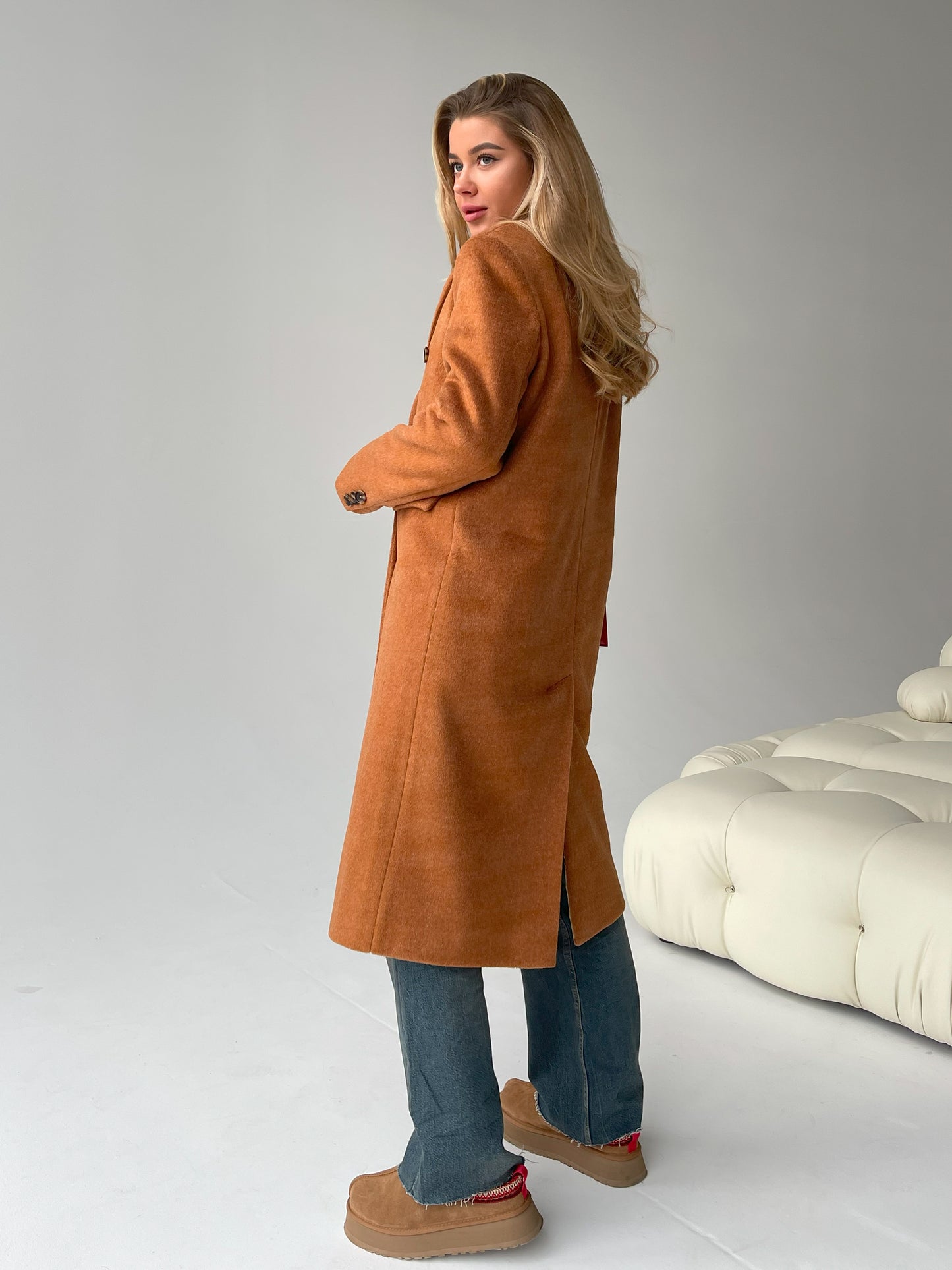 Wool Pile Coat with Masculine Shoulders, Brown