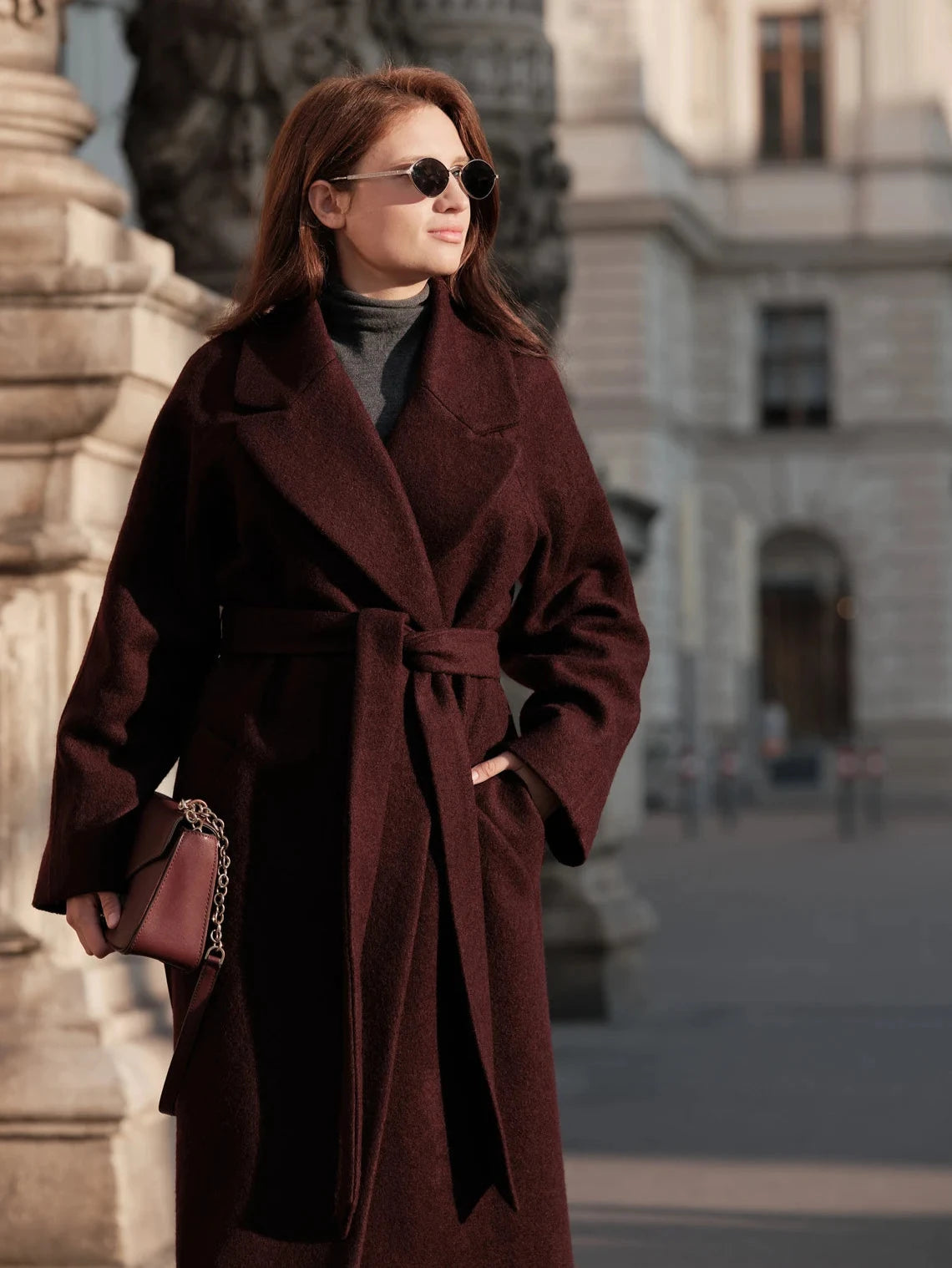 Double-breasted long coat with trim ribbon, Burgundy